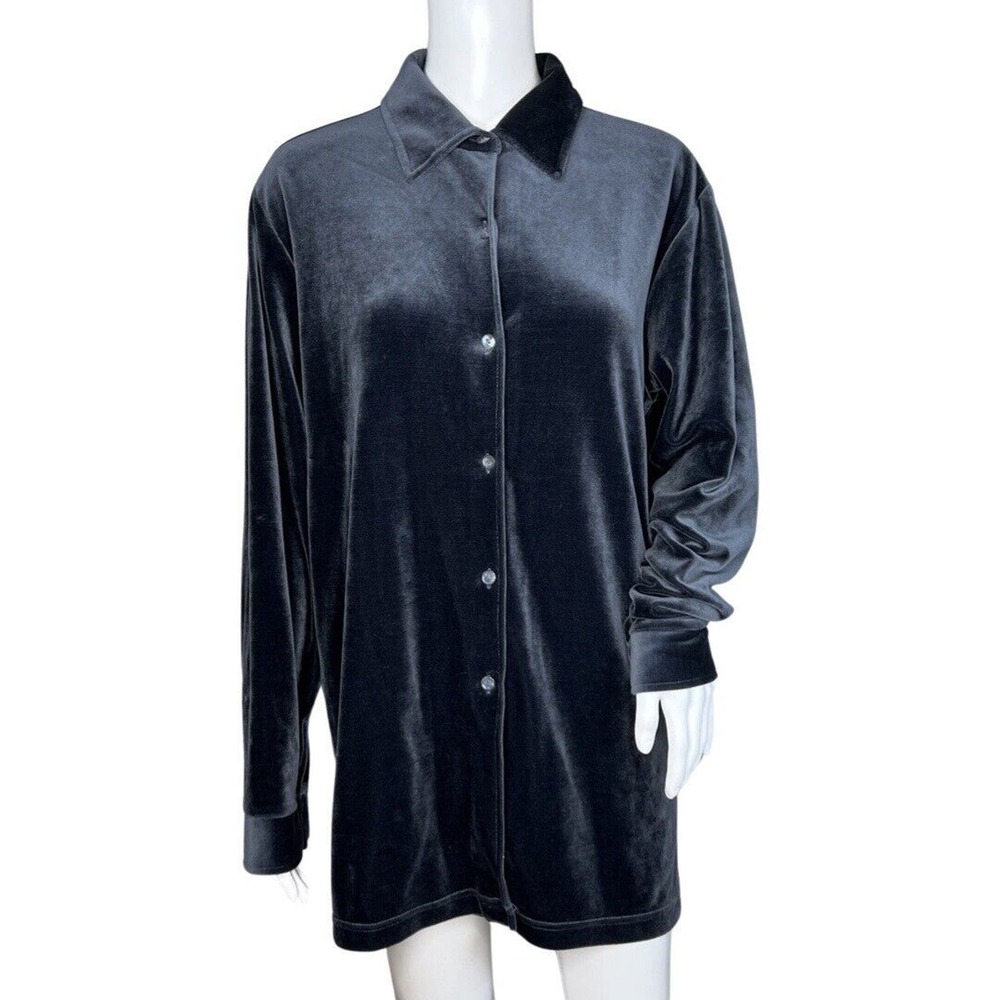 Express Tricot Shirt Womens Medium Deep Blue Velvet Button Up Vintage Minimalist